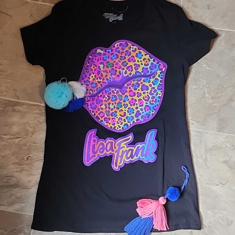 Lisa Frank Girls' Black Tee with Colorful Leopard Lips Graphic Medium